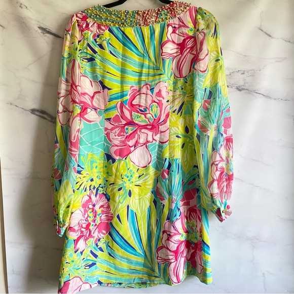 Lilly Pulitzer Saemus Dress Schooner Blue Land Escape Beaded Rhinestone Neckline - Picture 8 of 8